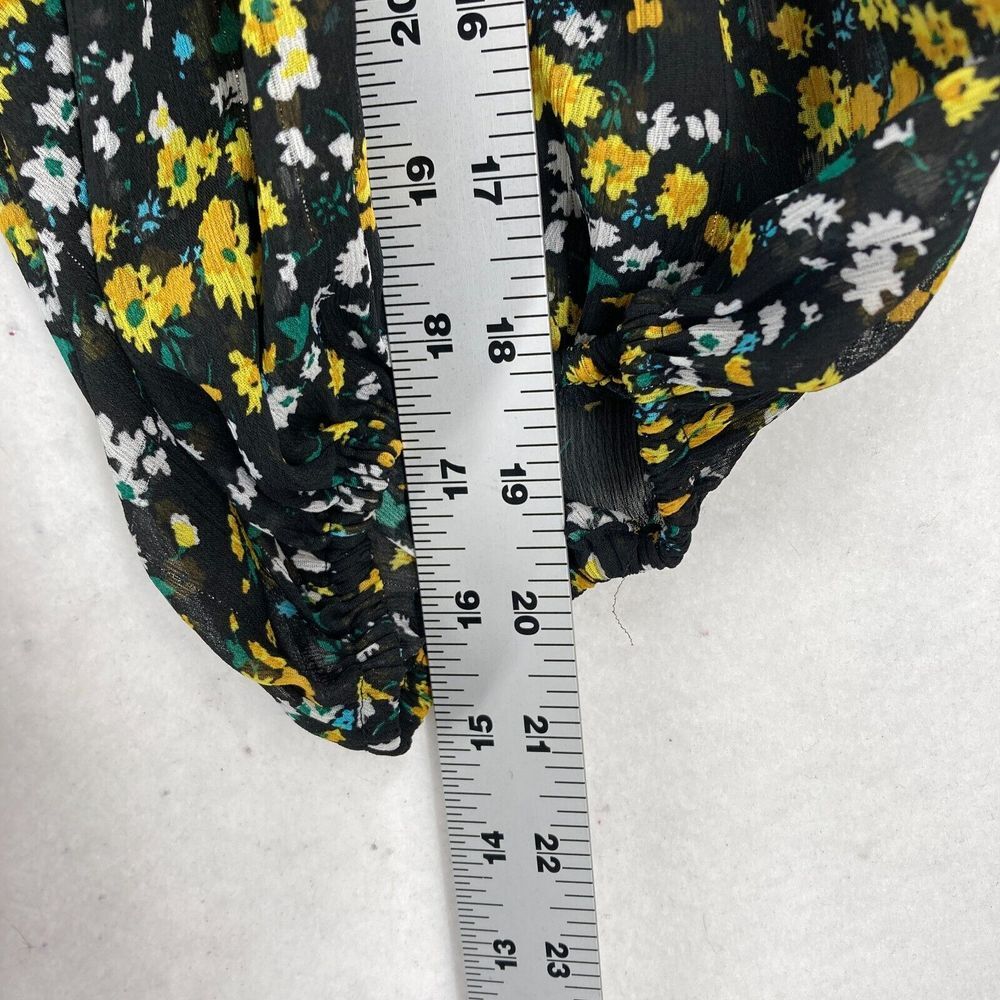 Express Women's Floral Wrap Blouse Large Black Yellow Bishop Sleeve Tie‎ Waist - Picture 10 of 13